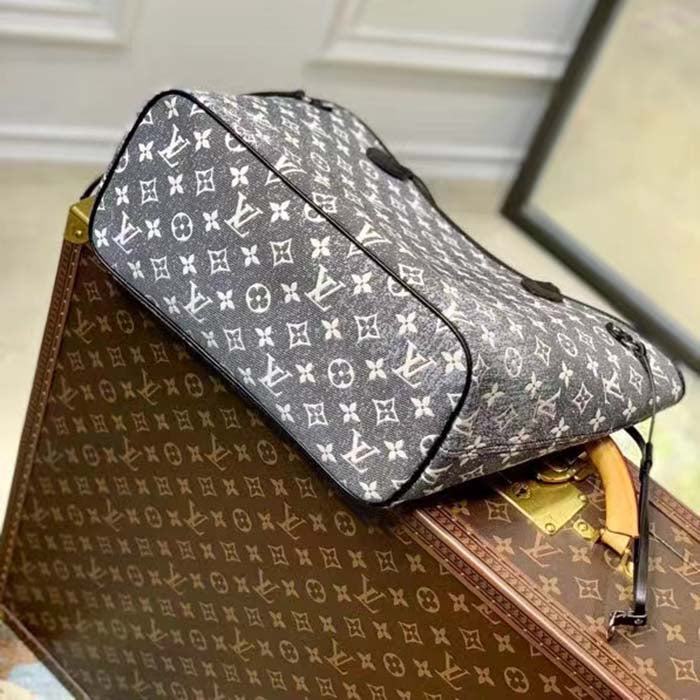 Louis Vuitton LV Women Neverfull MM Tote Gray Denim Textile Jacquard