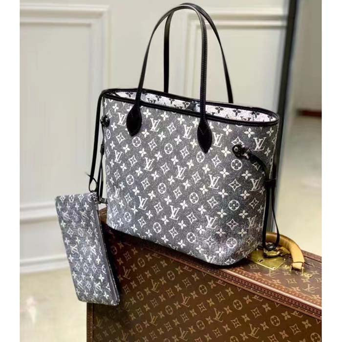 Louis Vuitton LV Women Neverfull MM Tote Gray Denim Textile Jacquard