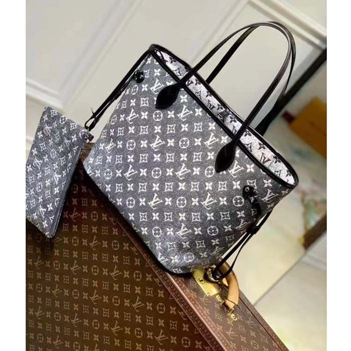 Louis Vuitton LV Women Neverfull MM Tote Gray Denim Textile Jacquard