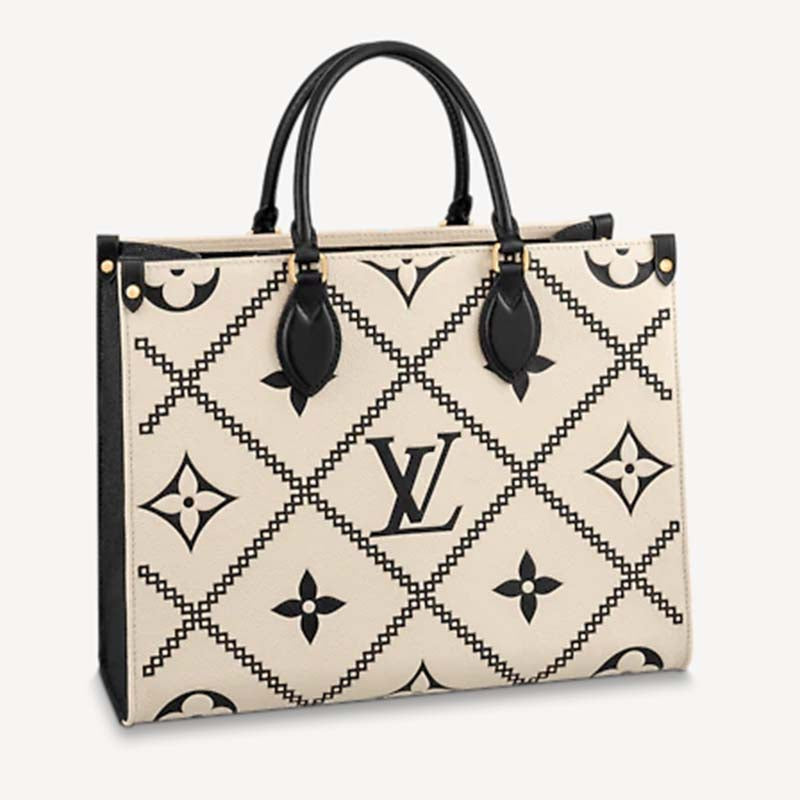 Louis Vuitton LV Women OnTheGo MM Tote Bag Beige Embossed Supple Grained Cowhide