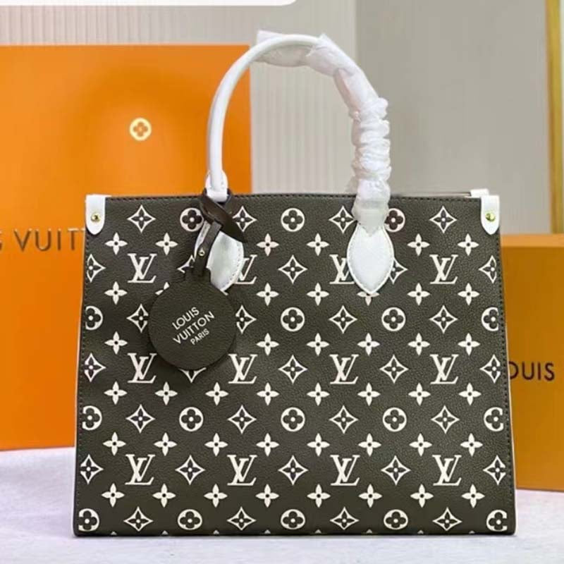 Louis Vuitton LV Women OnTheGo MM Tote Bag Green Printed Embossed Grained Cowhide