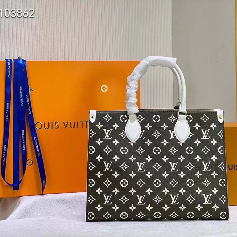 Louis Vuitton LV Women OnTheGo MM Tote Bag Green Printed Embossed Grained Cowhide