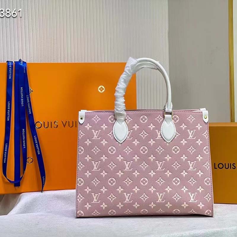 Louis Vuitton LV Women OnTheGo MM Tote Bag Pink Printed Embossed Grained Cowhide