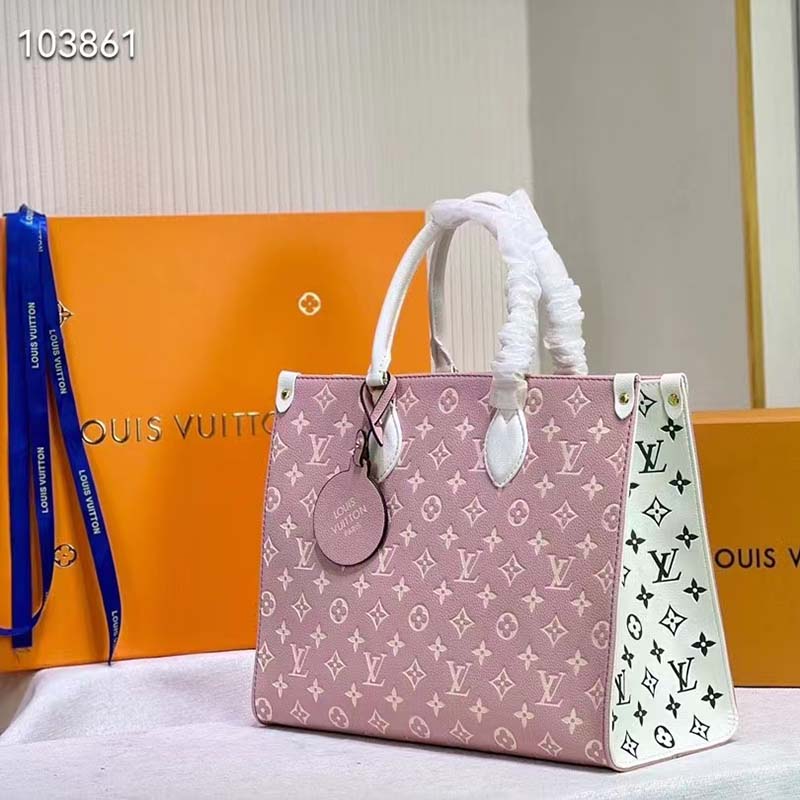 Louis Vuitton LV Women OnTheGo MM Tote Bag Pink Printed Embossed Grained Cowhide