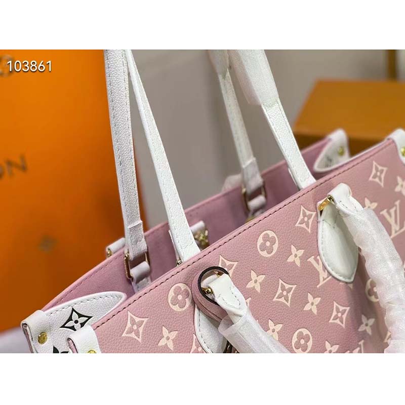 Louis Vuitton LV Women OnTheGo MM Tote Bag Pink Printed Embossed Grained Cowhide