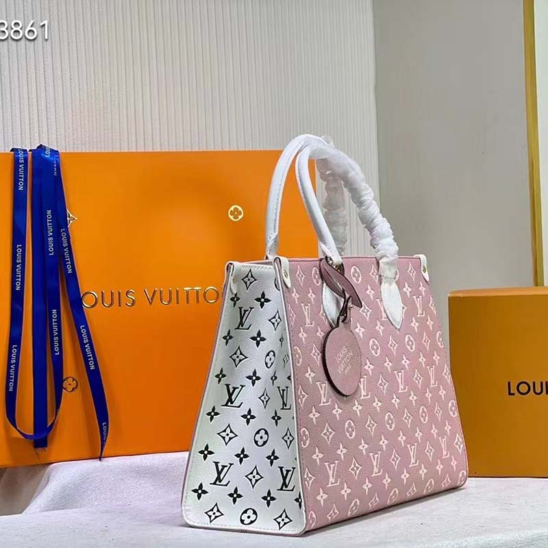 Louis Vuitton LV Women OnTheGo MM Tote Bag Pink Printed Embossed Grained Cowhide