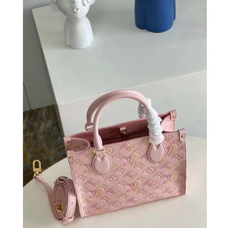 Louis Vuitton LV Women OnTheGo PM Tote Bag Pink Sprayed Embossed Grained Cowhide