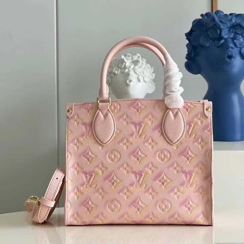 Louis Vuitton LV Women OnTheGo PM Tote Bag Pink Sprayed Embossed Grained Cowhide