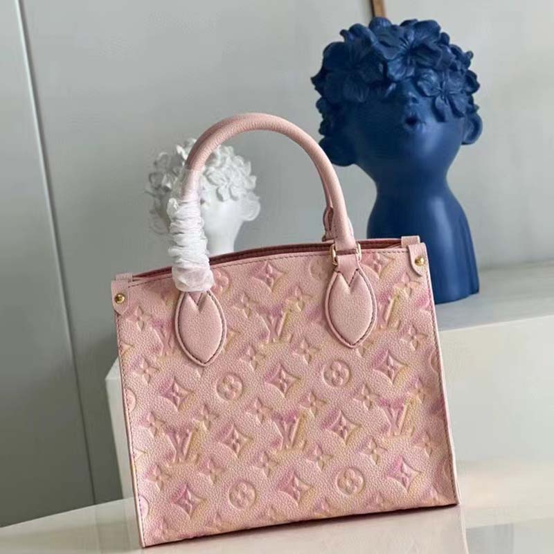 Louis Vuitton LV Women OnTheGo PM Tote Bag Pink Sprayed Embossed Grained Cowhide