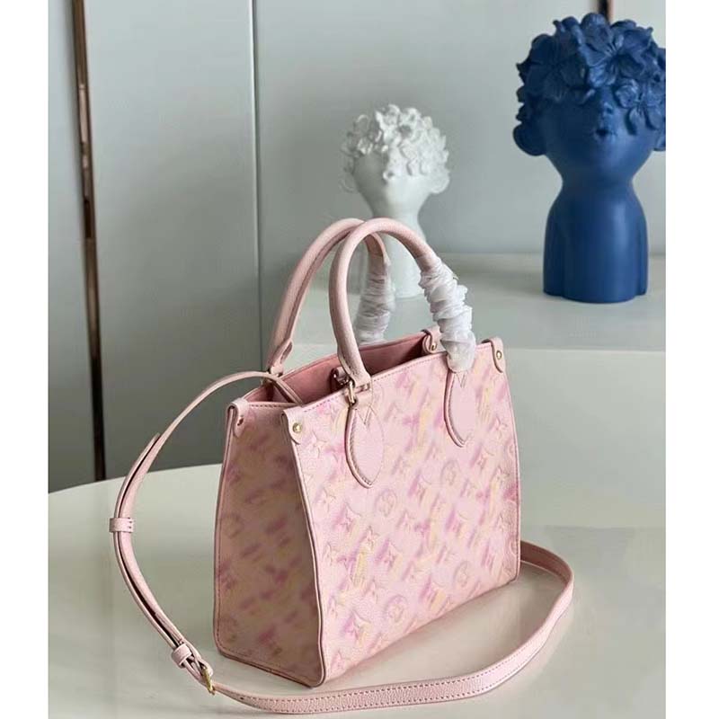 Louis Vuitton LV Women OnTheGo PM Tote Bag Pink Sprayed Embossed Grained Cowhide