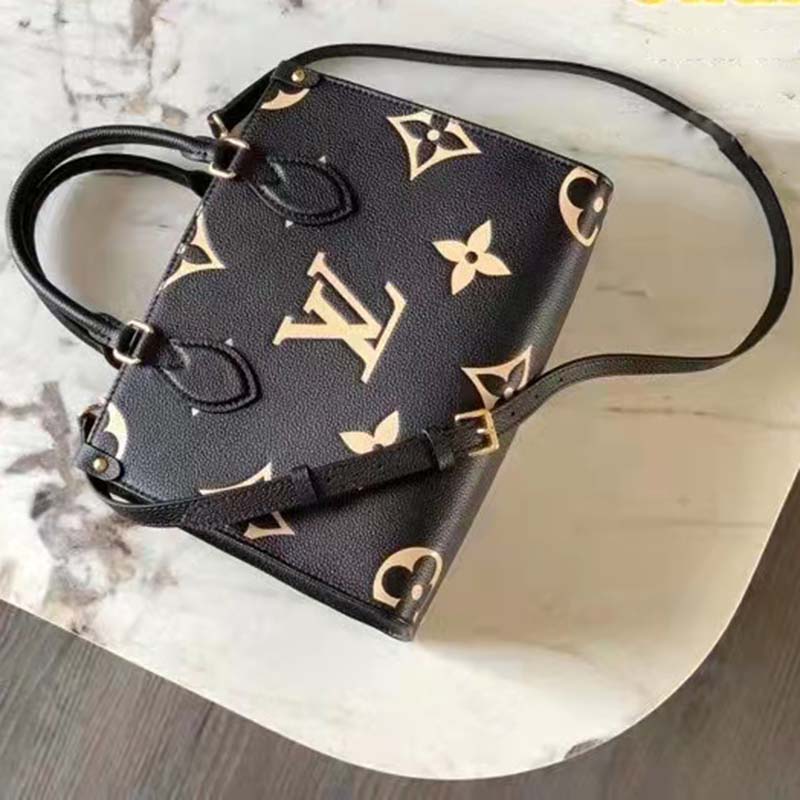 Louis Vuitton LV Women Onthego PM Tote Black Embossed Grained Cowhide Leather