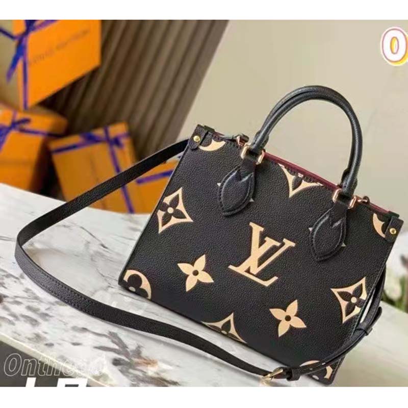 Louis Vuitton LV Women Onthego PM Tote Black Embossed Grained Cowhide Leather