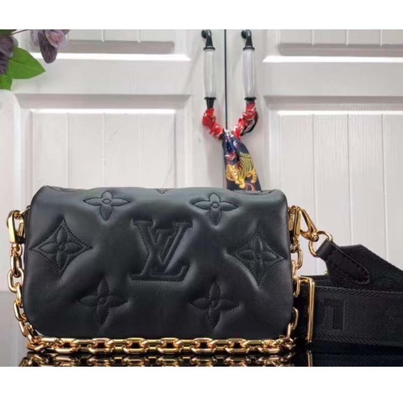 Louis Vuitton LV Women Wallet On Strap Black Monogram Embroidered Leather