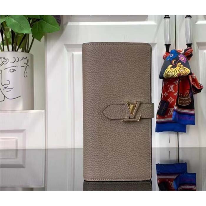 Louis Vuitton Unisex LV Vertical Wallet Beige Blue Taurillon Calf-Leather Sliding Capucines Closure