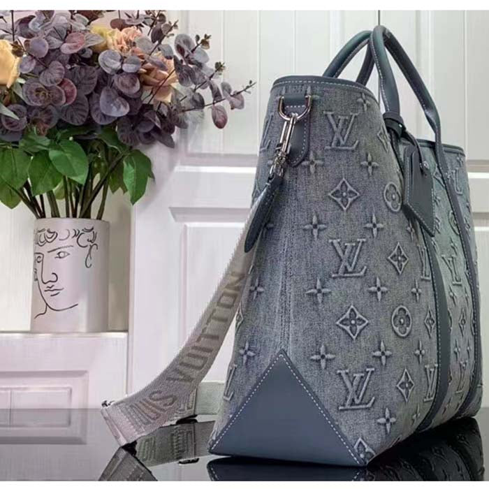 Louis Vuitton Unisex Weekend Tote NM Monogram Washed Denim Coated Canvas Cowhide Leather