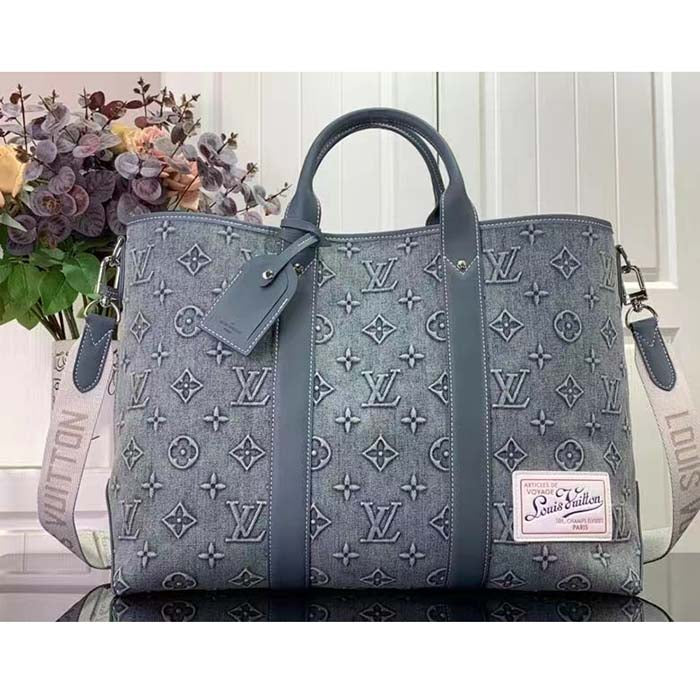 Louis Vuitton Unisex Weekend Tote NM Monogram Washed Denim Coated Canvas Cowhide Leather