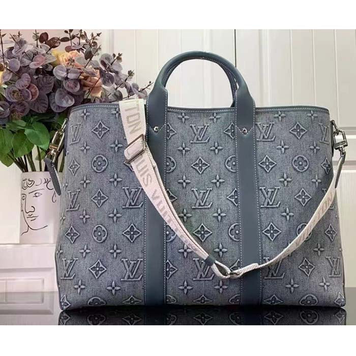 Louis Vuitton Unisex Weekend Tote NM Monogram Washed Denim Coated Canvas Cowhide Leather