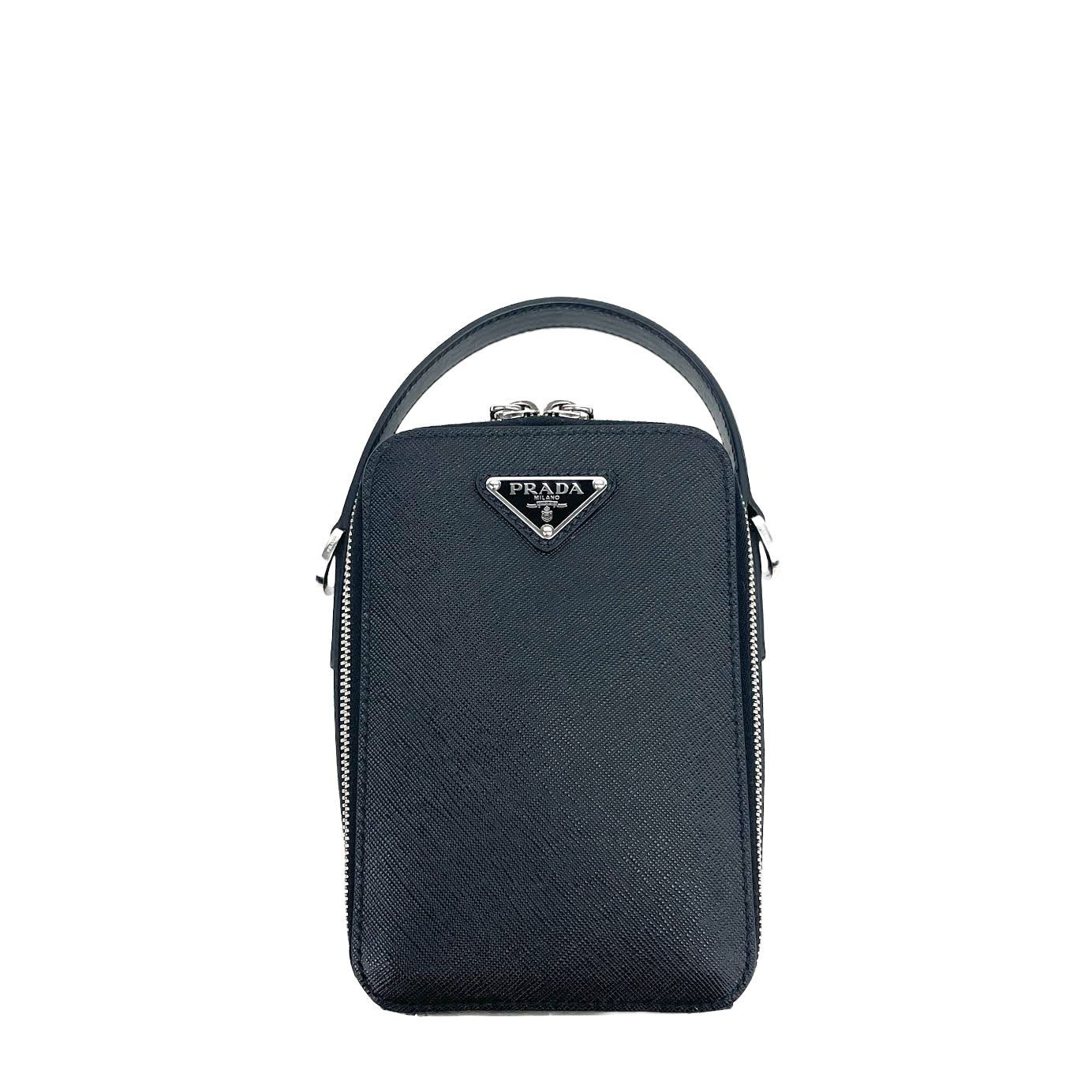 PRADA Brique Bag w/Canvas Strap - Black Saffiano Leather