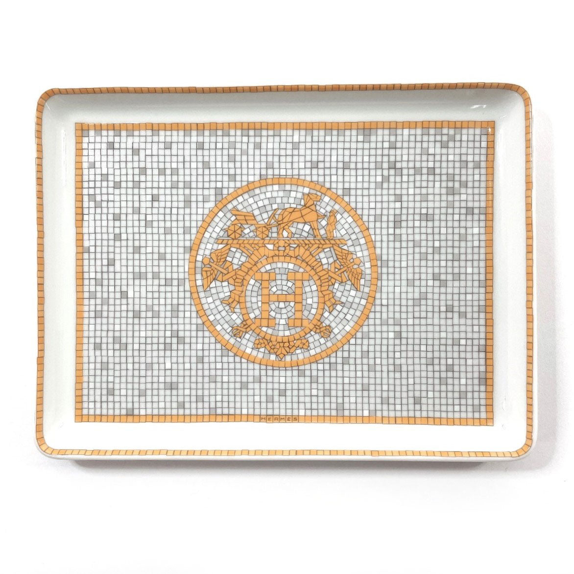 HERMES Tableware Mosaic Van Quatre Square plate Porcelain Orange Orange unisex Used