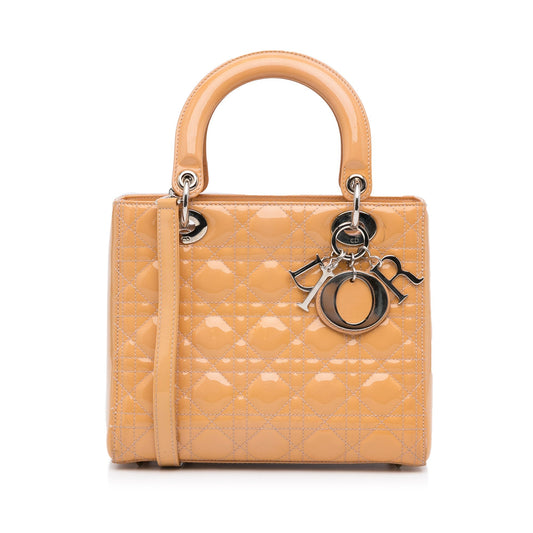 Dior Lady Dior Medium Light Orange Cannage Quilted Patent Leather