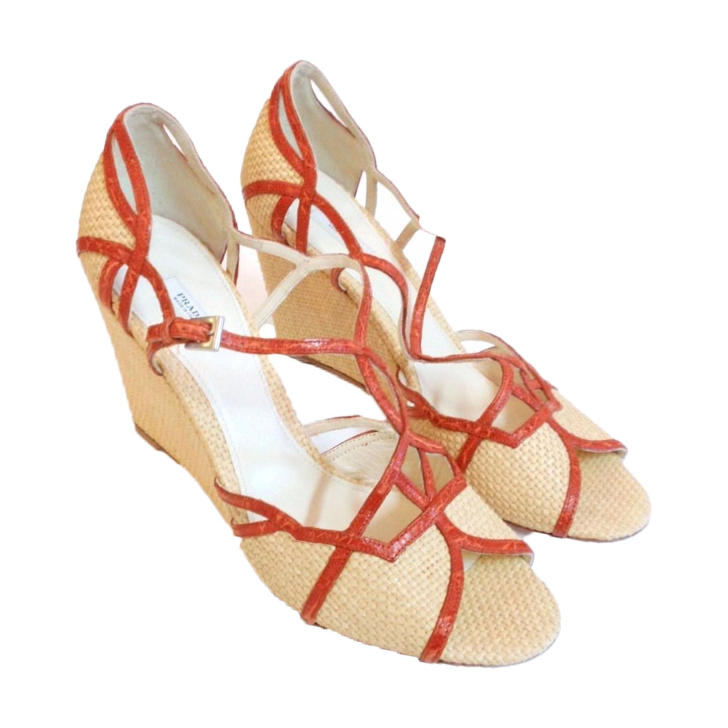 PRADA Woven Straw w/ Orange T-Strap Wedge Sandal Size 39