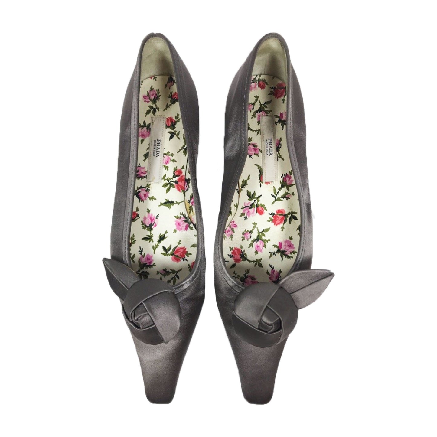 PRADA Silver Satin Pointed Toe Flats w/ Floral Lining Size 36