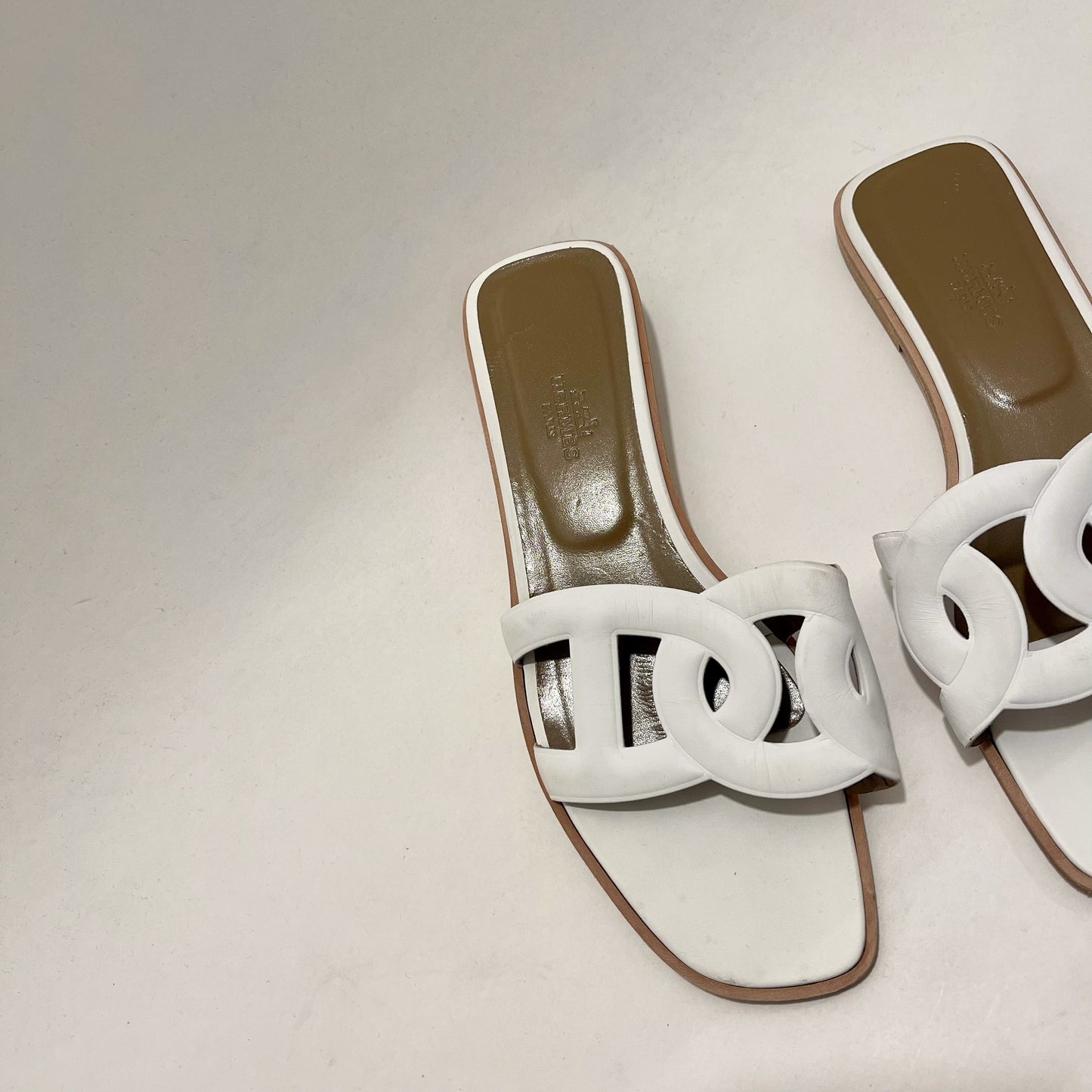 Hermes White Leather Slides, Sz IT38.5, US8.5