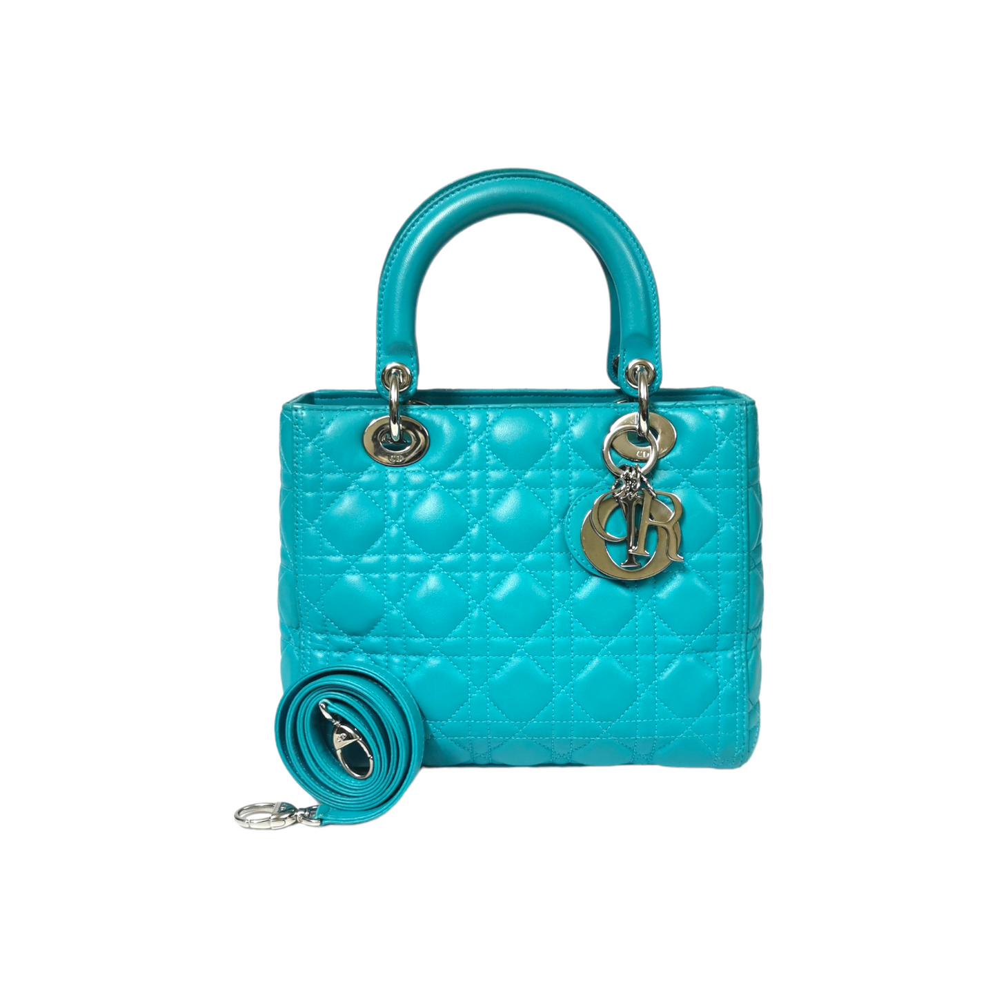 Dior Lady Dior Medium Turquoise Cannage Quilted Leather Silver