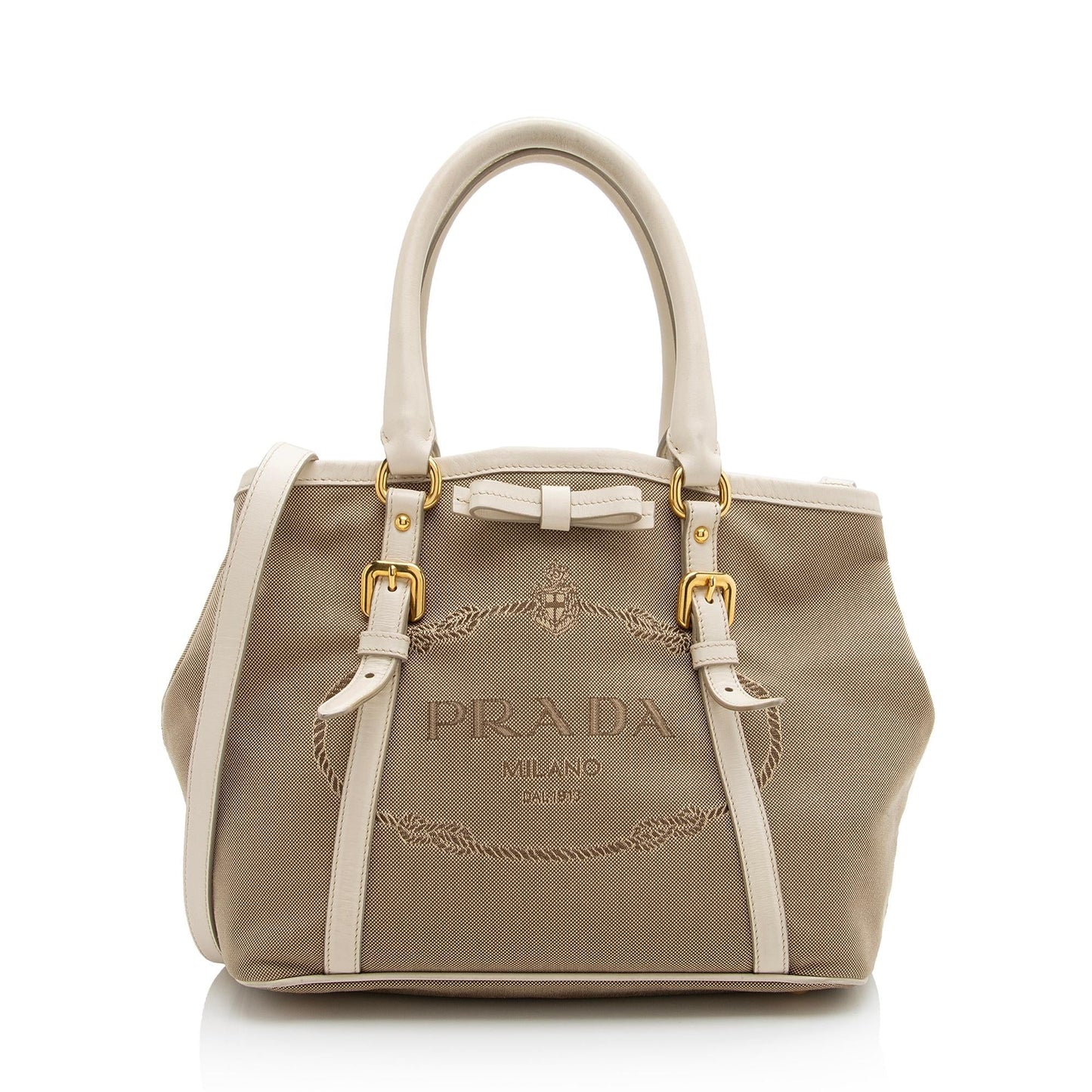 Prada Canvas Jacquard Logo Convertible Medium Tote (SHF-22882)