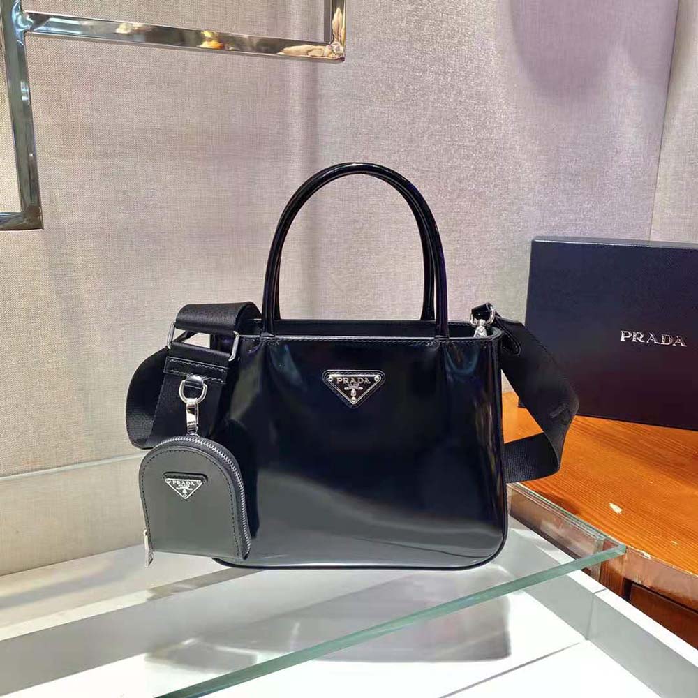 Prada Women Brushed Leather Handbag Nylon Lining-Black