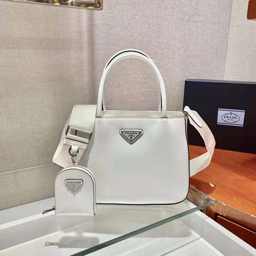 Prada Women Brushed Leather Handbag Nylon Lining-White