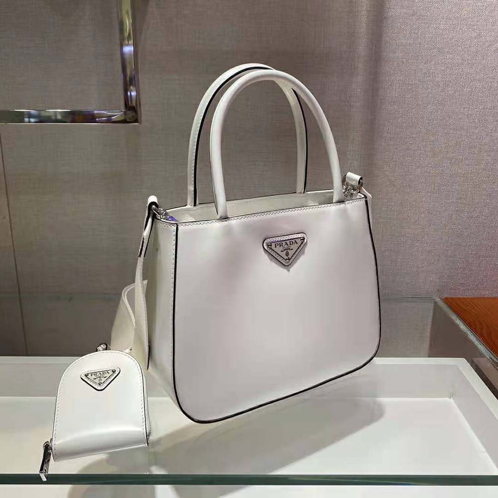 Prada Women Brushed Leather Handbag Nylon Lining-White