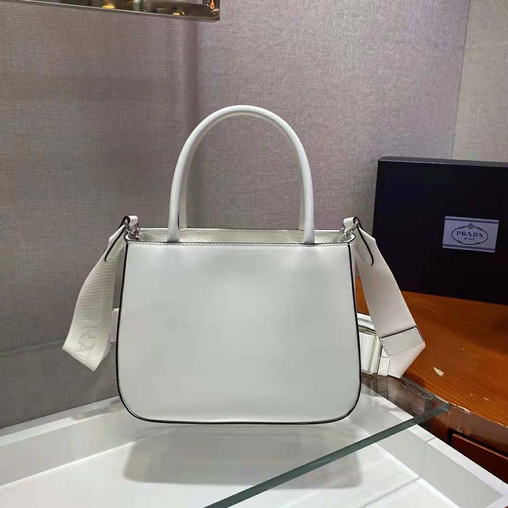 Prada Women Brushed Leather Handbag Nylon Lining-White