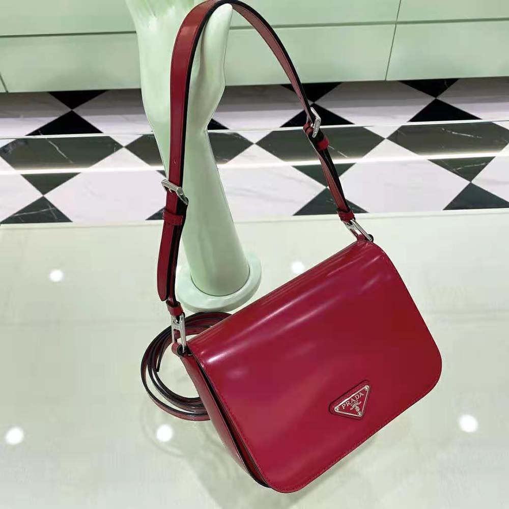 Prada Women Brushed Leather Shoulder Bag-Red