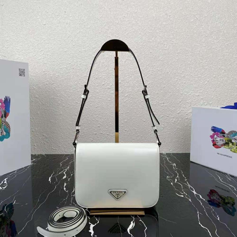 Prada Women Brushed Leather Shoulder Bag-White