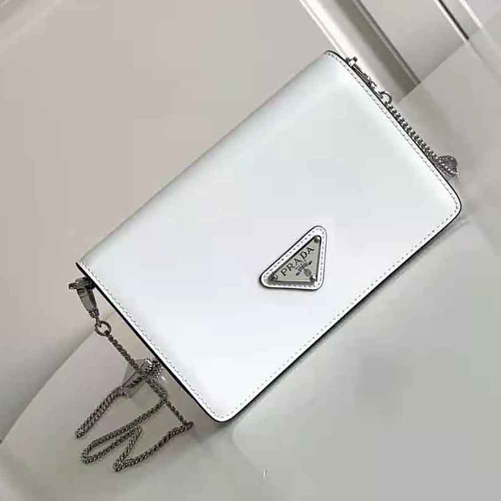 Prada Women Brushed Leather Shoulder Bag-White