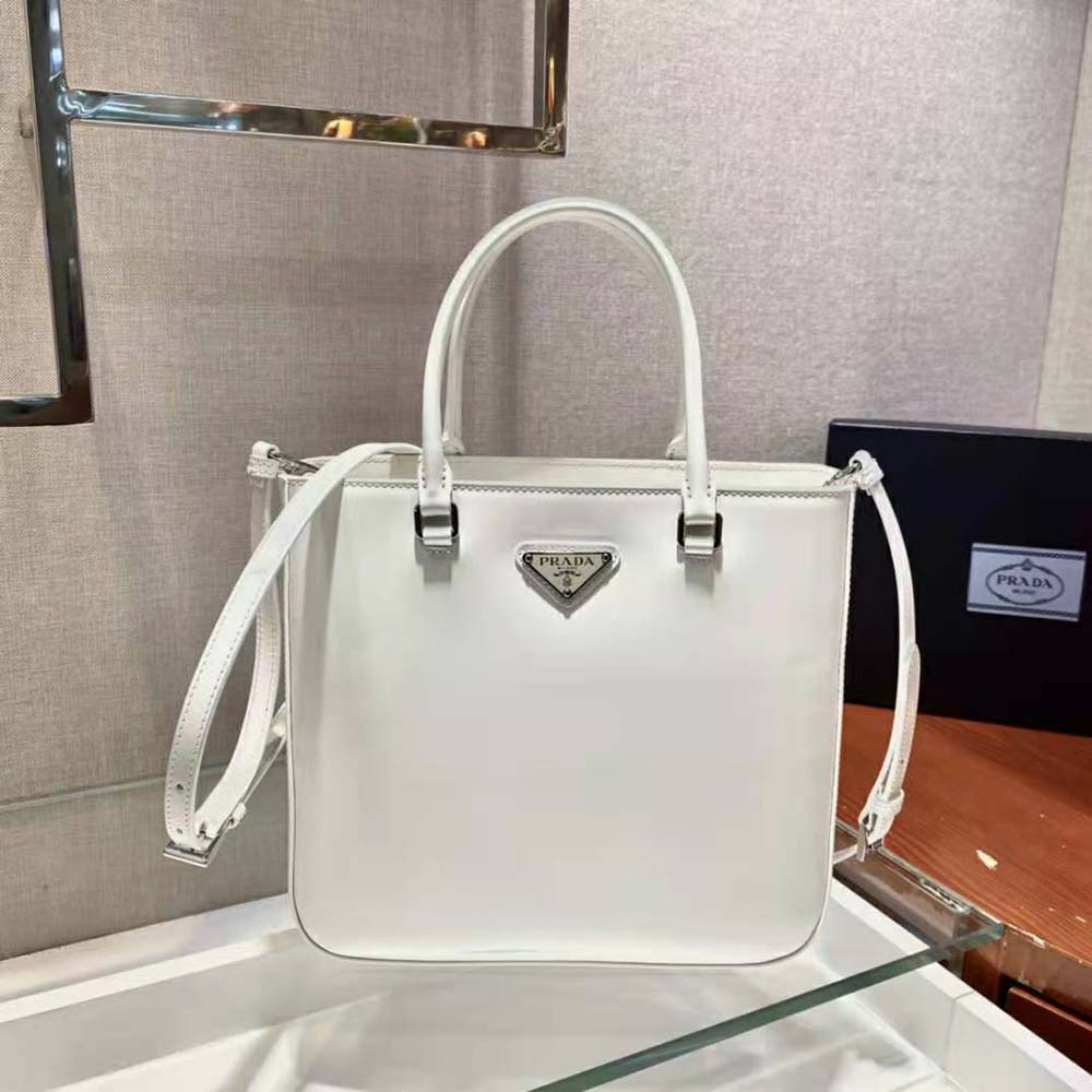 Prada Women Brushed Leather Tote Bag-White