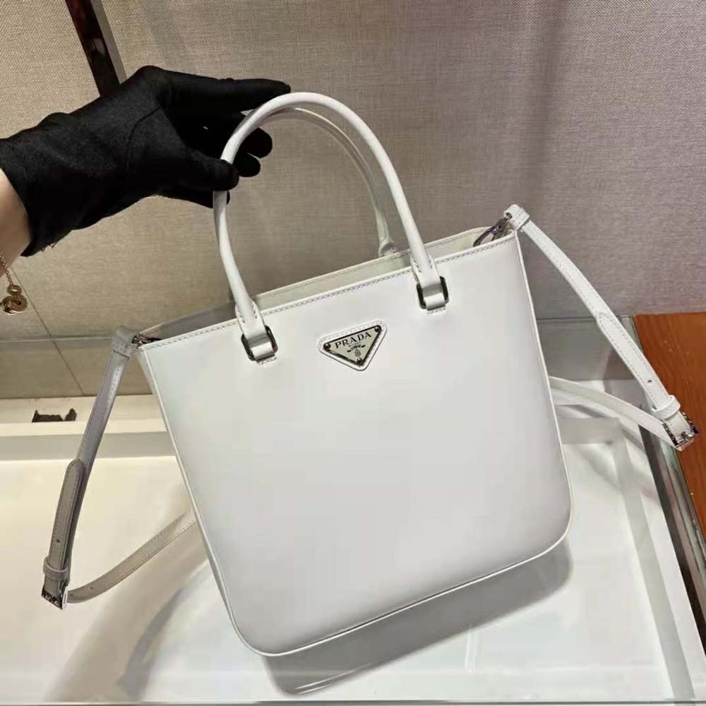 Prada Women Brushed Leather Tote Bag-White