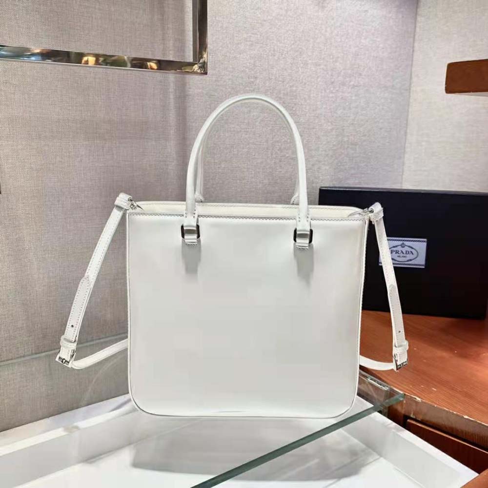 Prada Women Brushed Leather Tote Bag-White