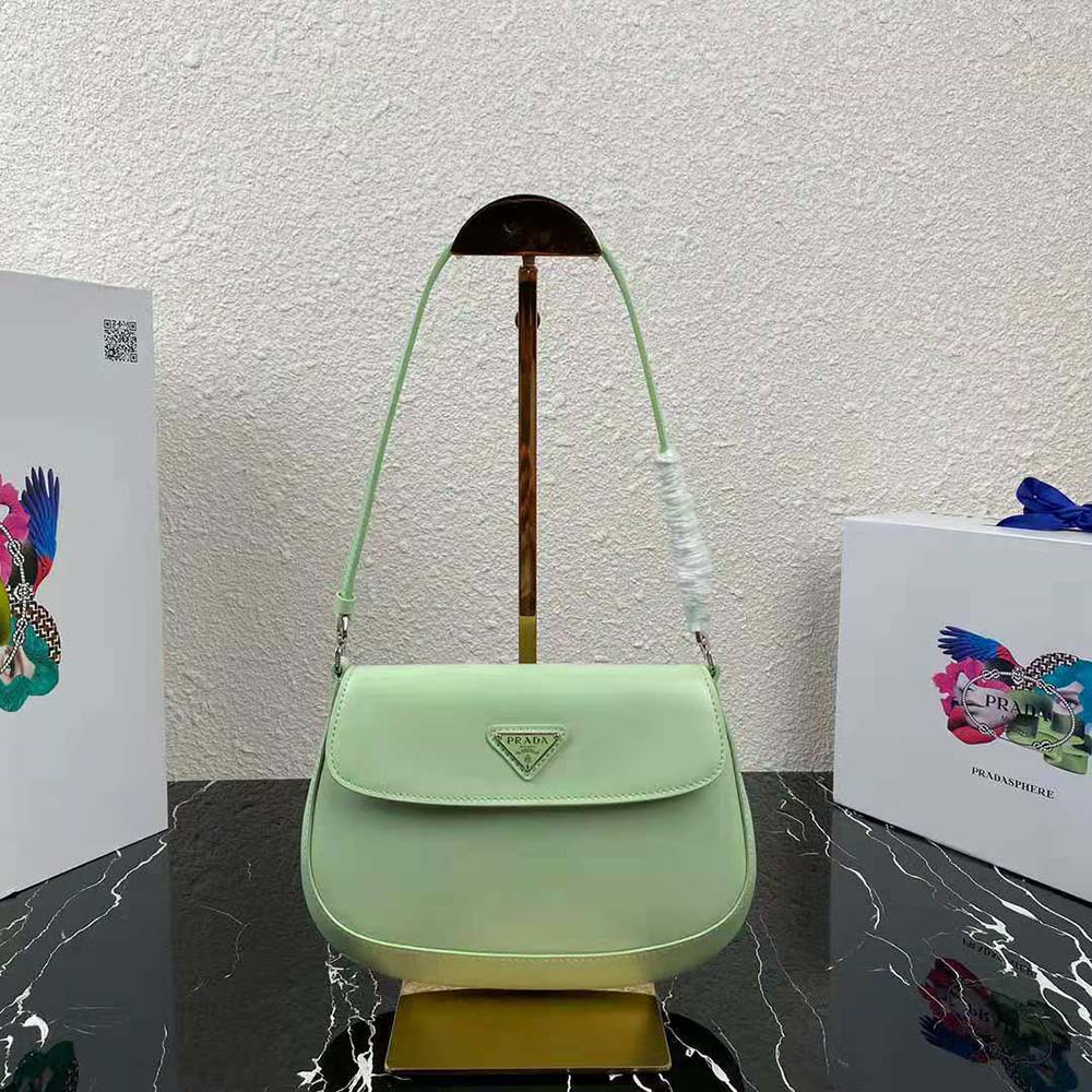 Prada Women Cleo Brushed Leather Dhoulder Bag with Flap-Lime