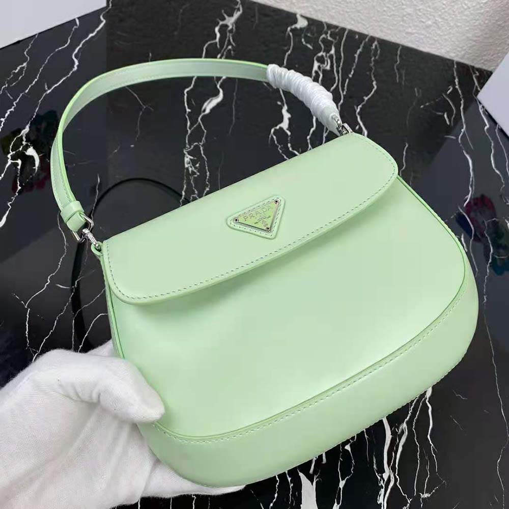 Prada Women Cleo Brushed Leather Dhoulder Bag with Flap-Lime