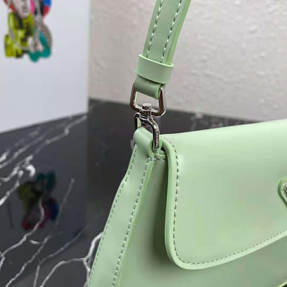 Prada Women Cleo Brushed Leather Dhoulder Bag with Flap-Lime