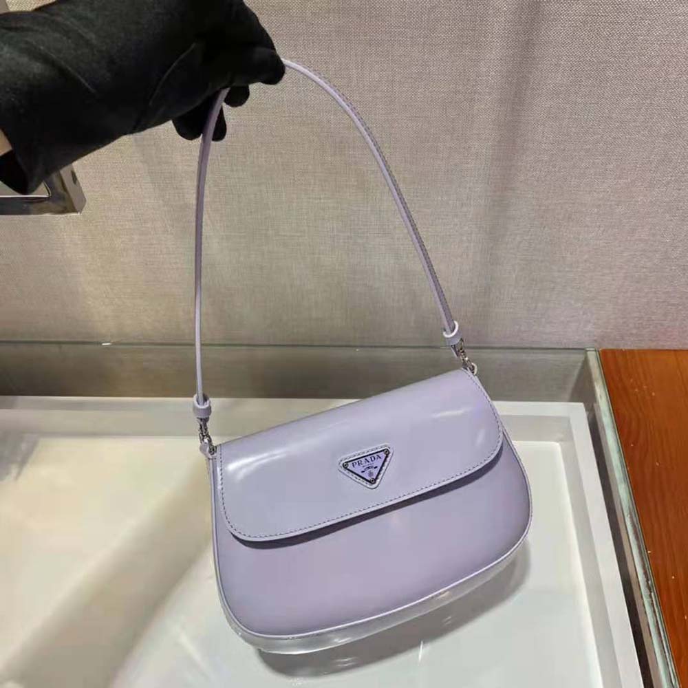 Prada Women Cleo Brushed Leather Shoulder Bag with Flap-Purple