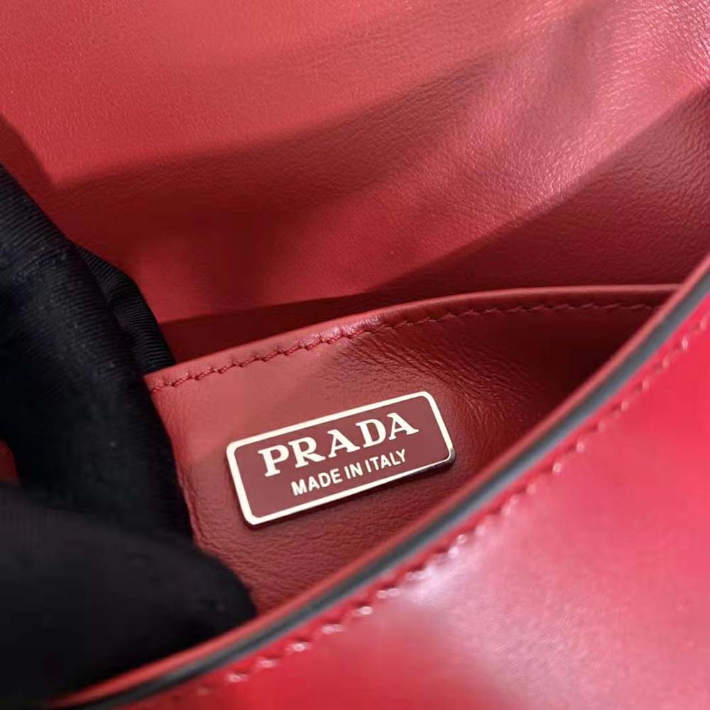 Prada Women Cleo Brushed Leather Shoulder Bag with Flap-Red