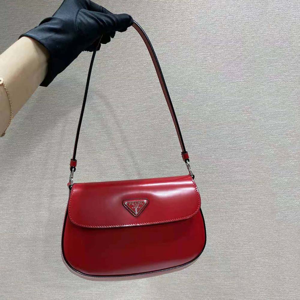 Prada Women Cleo Brushed Leather Shoulder Bag with Flap-Red