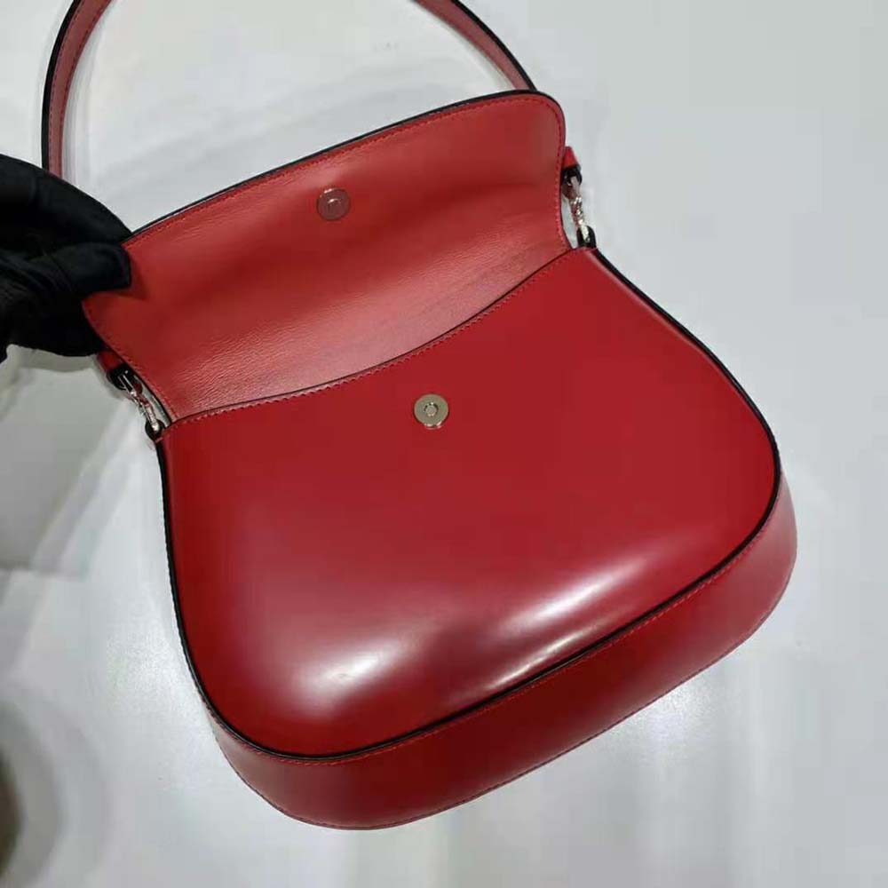 Prada Women Cleo Brushed Leather Shoulder Bag with Flap-Red