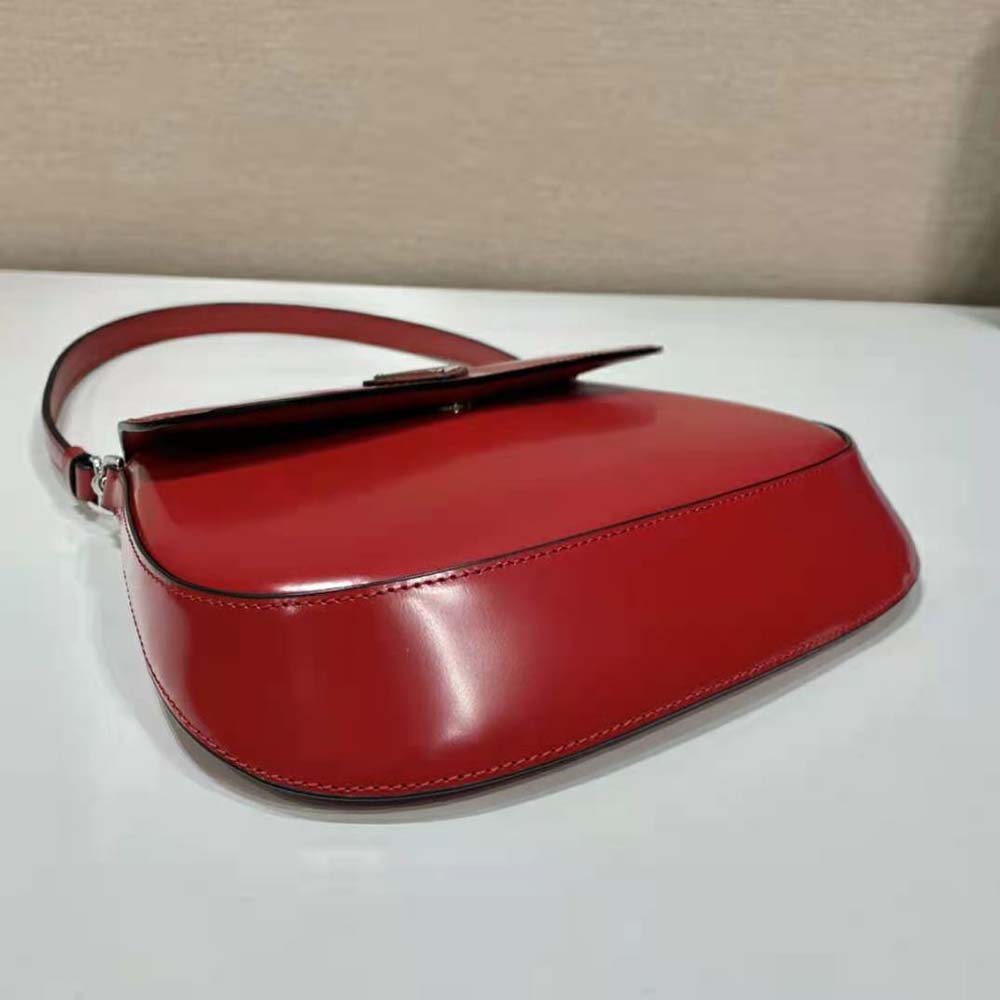 Prada Women Cleo Brushed Leather Shoulder Bag with Flap-Red