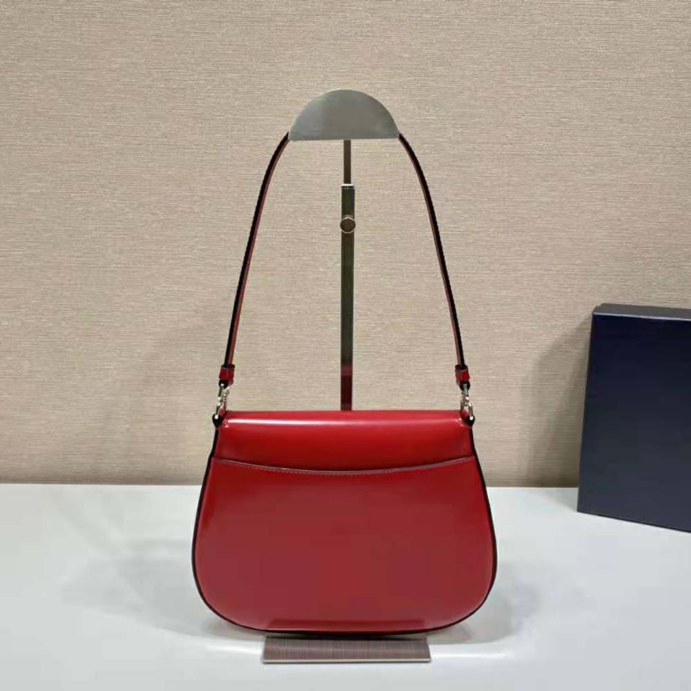 Prada Women Cleo Brushed Leather Shoulder Bag with Flap-Red