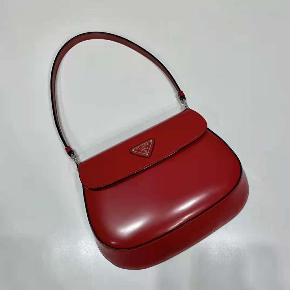 Prada Women Cleo Brushed Leather Shoulder Bag with Flap-Red