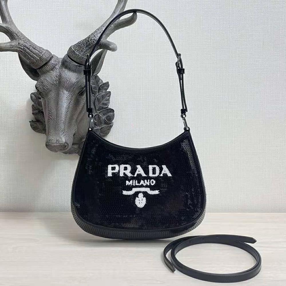 Prada Women Cleo Sequined Bag with Embroidered Lettering Logo on the Front